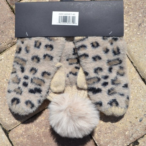 NEW Womens KENDALL + KYLIE 2 Piece Leopard Print Hat & Mitten Set - Picture 5 of 14
